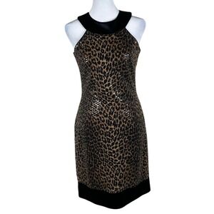 Vtg Cache Dress Womens 2 Brown Leopard Sequin Halter Mini Satin Trim Mob Wife